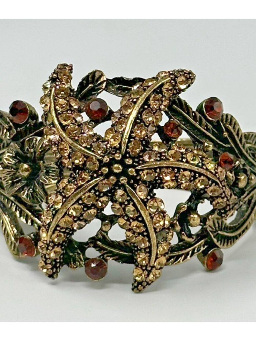 Starfish Rhinestone Cuff Bracelet Gold Tone Brown Statement Bling Floral Hinged